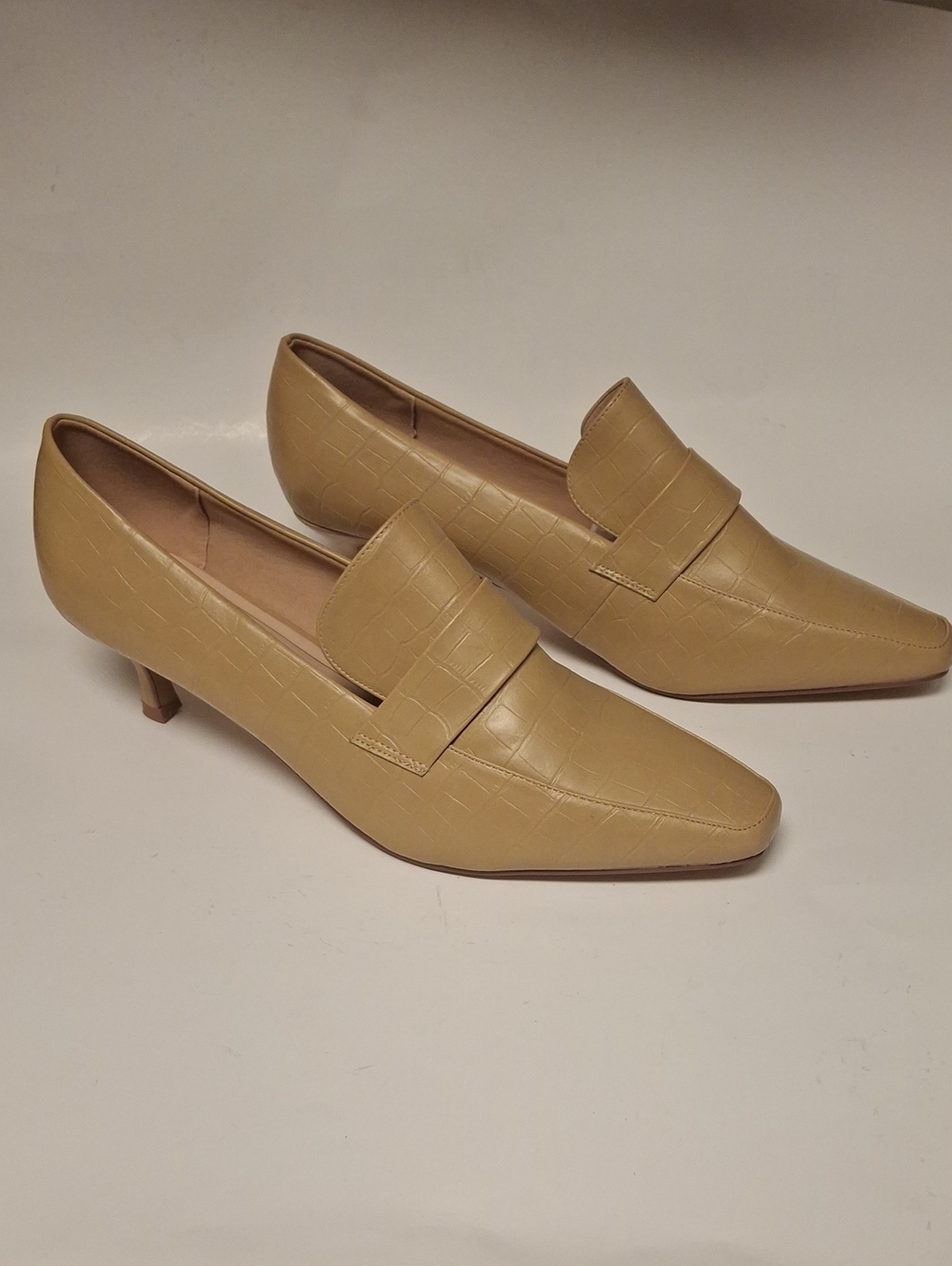 Journee Collection Croc-Embossed Pointed Kitten Heel Loafers in Tan